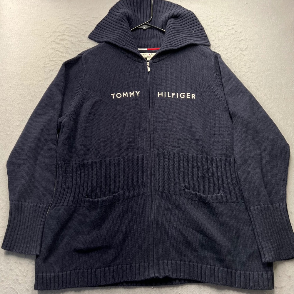 Tommy Hilfiger Womens 2X Navy Blue Full Zip Cotton Knit Cardigan Sweater 379969